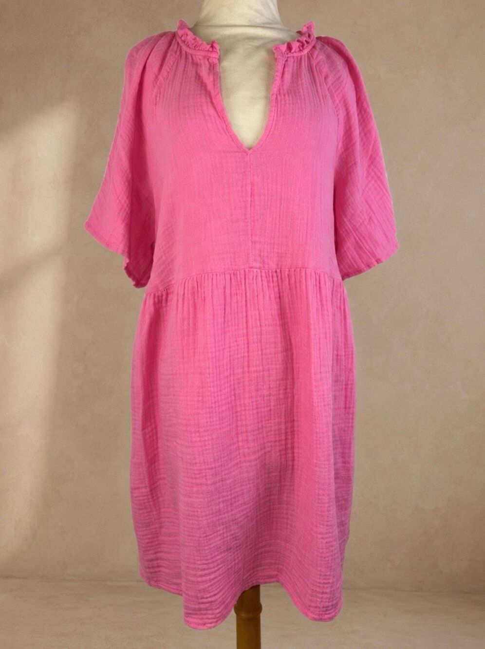 Old Navy Size L Crinkle Gauze Mini Swing Dress Pink 100% Cotton Flutter Sleeve
